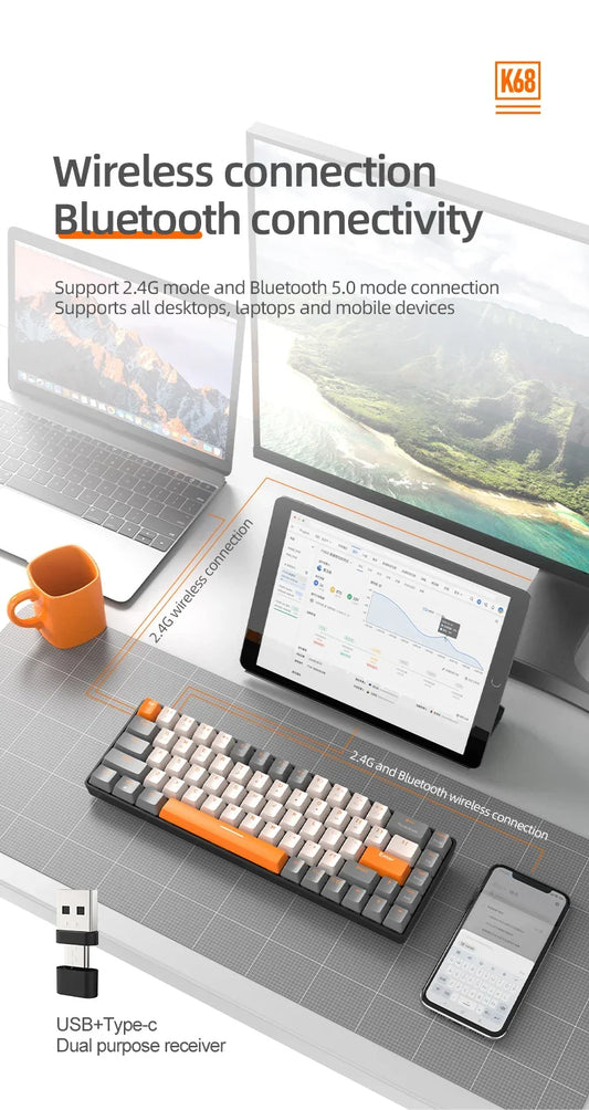 K68 Gaming Mechanical Keyboard 2.4G Wireless BT 5.0