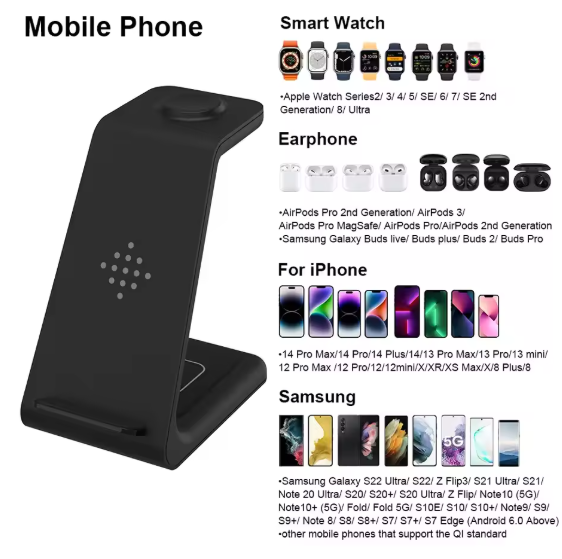 3 in 1 Induction Qi Wireless Charger Fast Charging Holder(For iPhone 14 13 12Pro Samsung Galaxy Watch 5 For Apple iWatch Charger)