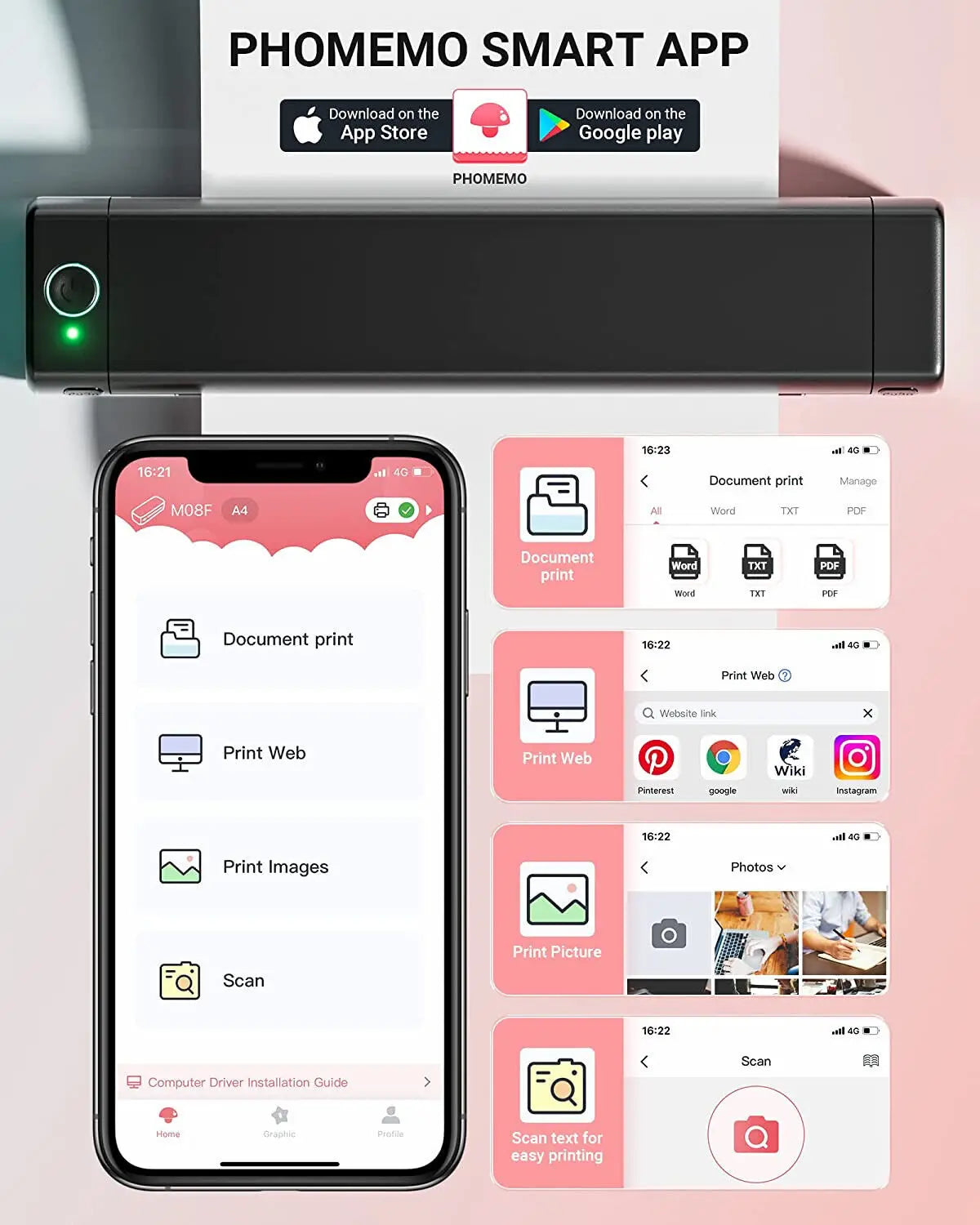 A4 Portable Thermal Printer M08F Wireless Bluetooth