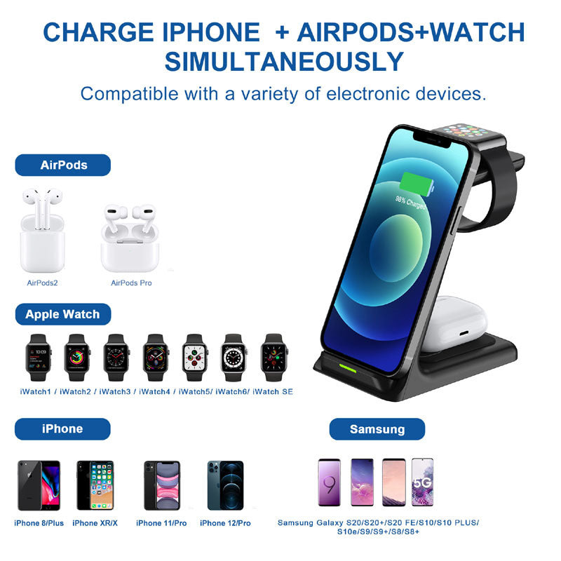3 in 1 Induction Qi Wireless Charger Fast Charging Holder(For iPhone 14 13 12Pro Samsung Galaxy Watch 5 For Apple iWatch Charger)